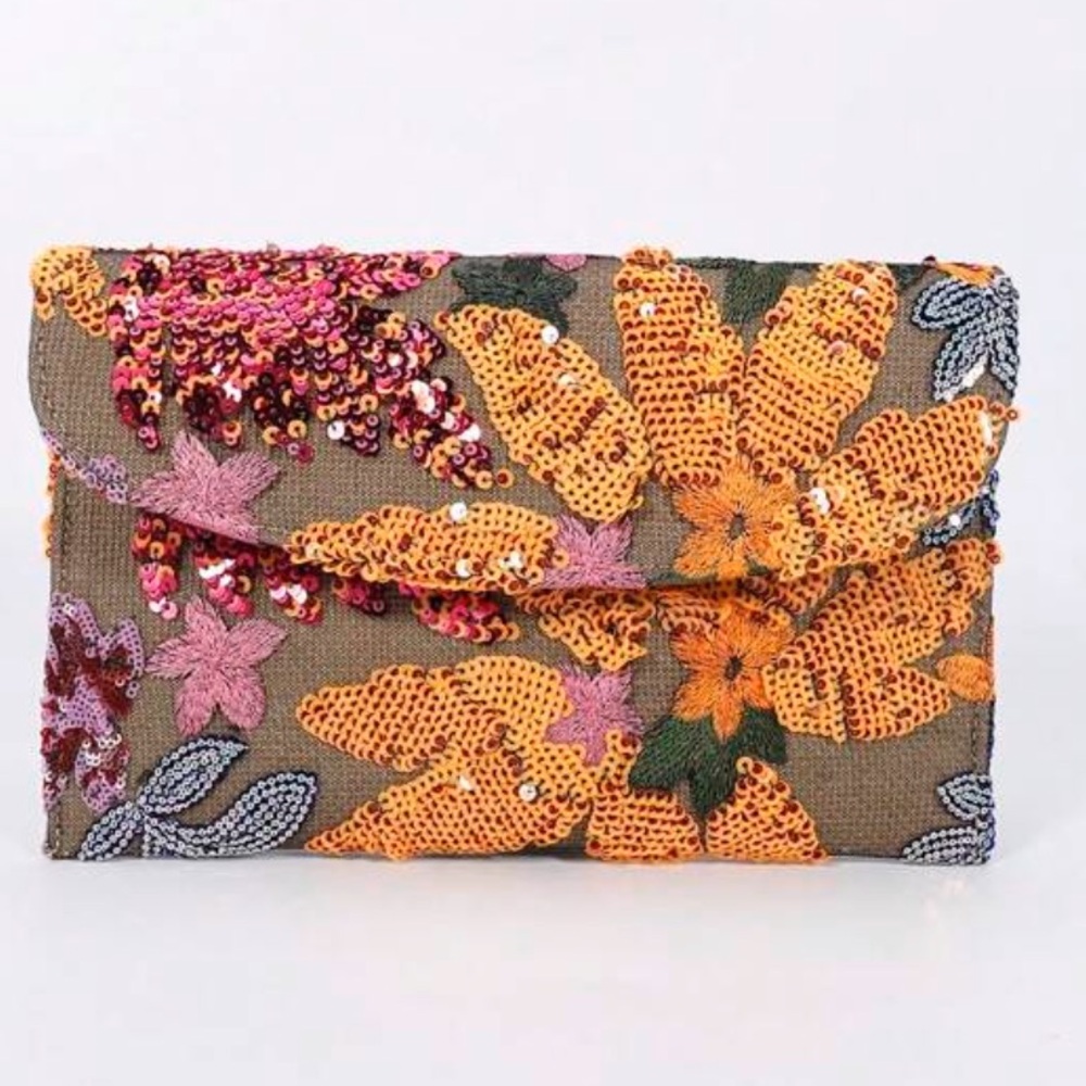 Sequin Embroidered Floral Clutch